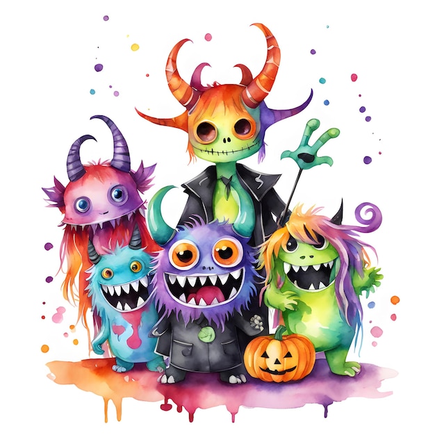 Watercolor Halloween monsters clipart generative ai