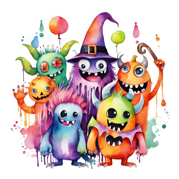 Watercolor Halloween monsters clipart generative ai