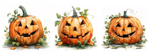 Foto colore acquatico zucca di halloween zucche arancioni disegnate a mano con facce spaventose scolpite decorazioni di zucca spettrali illustrazioni isolate set di zucca della stagione autunnale di halloween