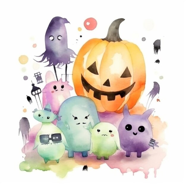 Watercolor halloween pumpkin and monsters on a white background.