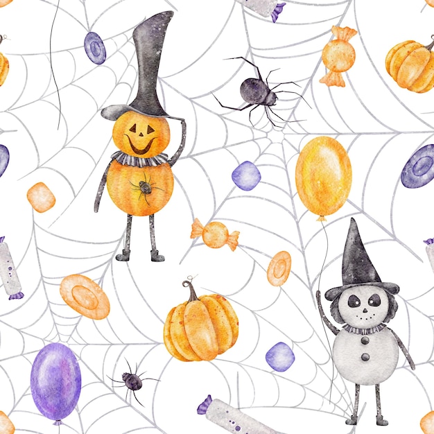 Watercolor halloween seamless pattern jackolantern print with ballon spiderweb on white background