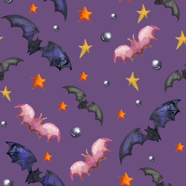 Watercolor halloween seamless pattern with bats and stars