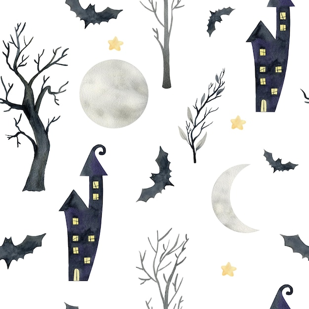 Watercolor halloween seamless pattern with haunted house bat and different elements for the holiday