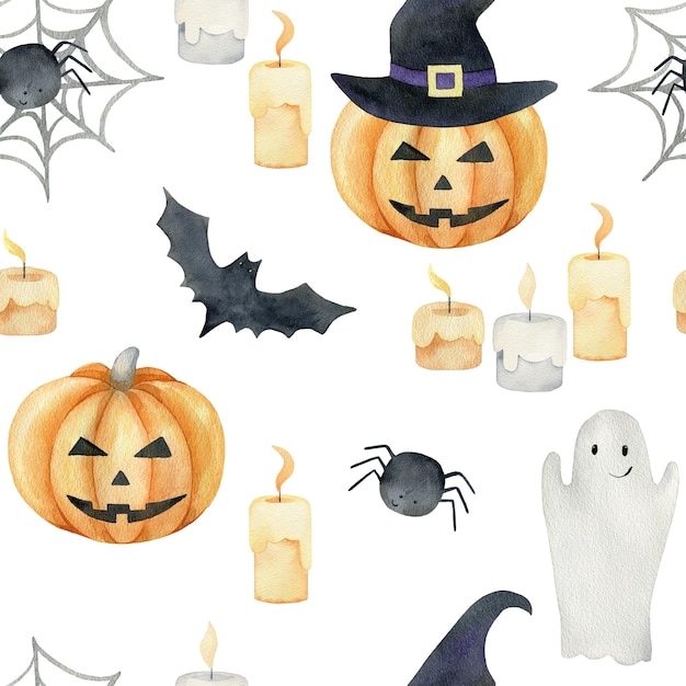 Watercolor halloween seamless pattern with pumpkins bat and different elements for the holiday