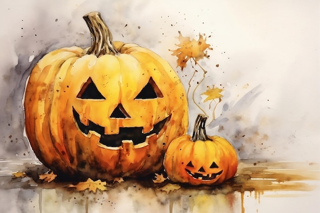 Watercolor Halloween smiling pumpkins with autumn leaves on white background