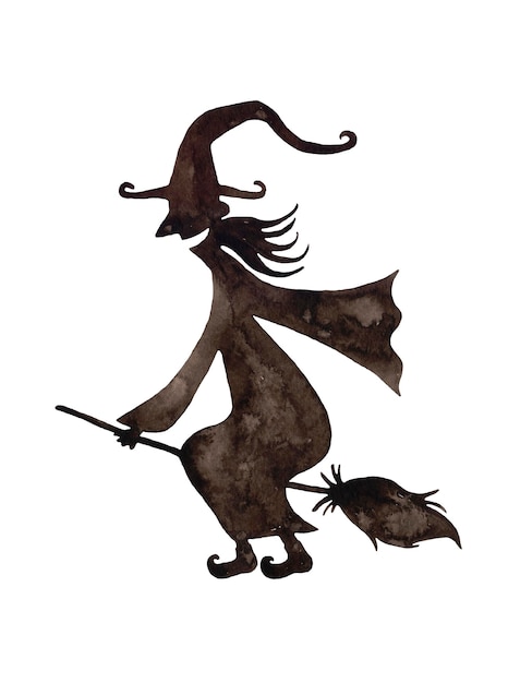 Watercolor Halloween witch flying on the broom on white background.