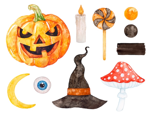 Watercolor Halloween witch set.