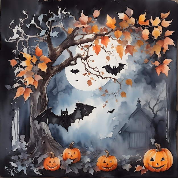 Watercolor Halloween with ghost bat tree and leaf