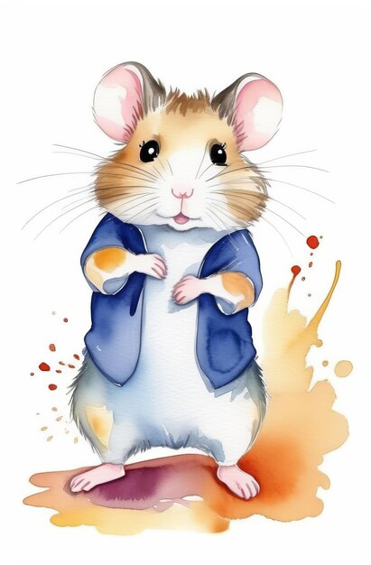 Photo watercolor of a hamster dressed in a blue vest