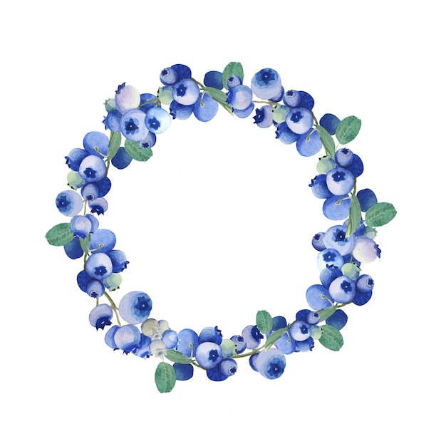 Watercolor hand drawing blueberries wreath