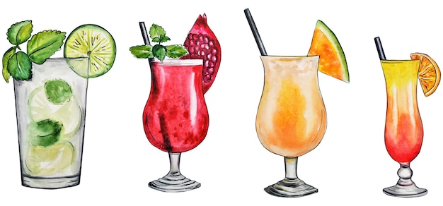 Mano dell'acquerello disegno molti cocktail multicolori su un bianco