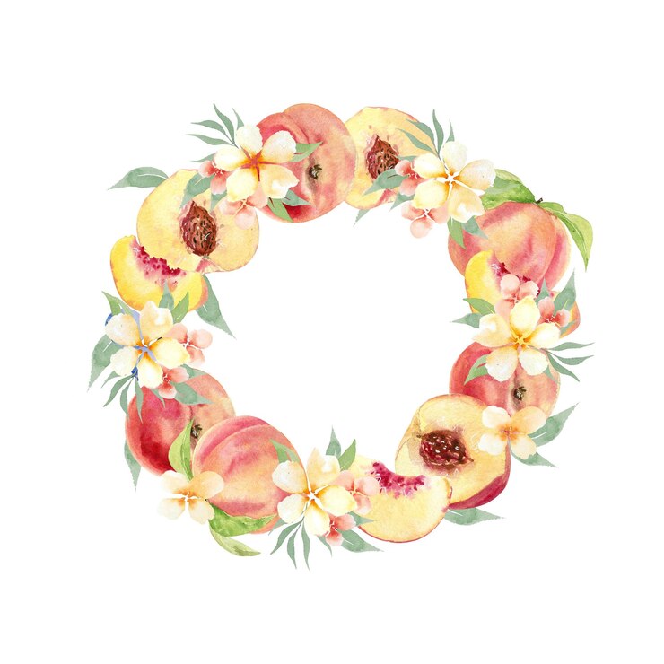 Watercolor hand drawing peaches fruit and flowers wreath