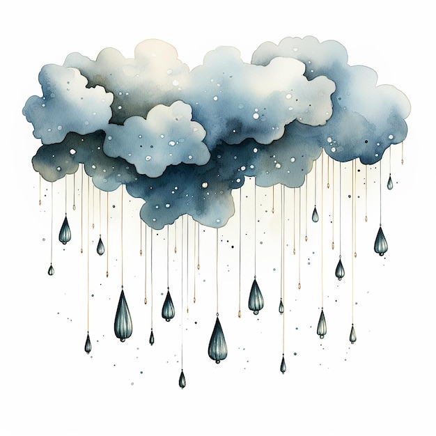 Watercolor hand drawing rain drops with clouds boho style in Scandinavian style and neutral color