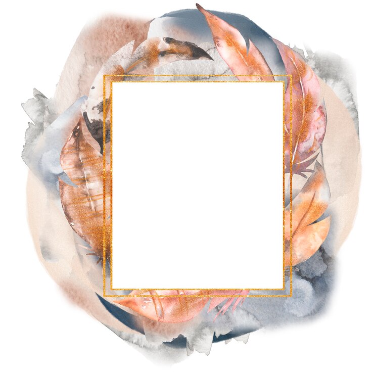 Photo watercolor hand drawn abstract feathers frame illustration.