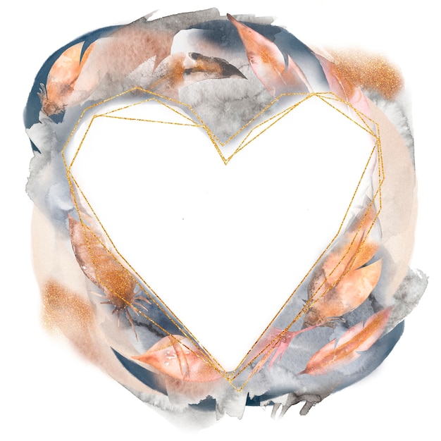 Watercolor hand drawn abstract feathers  heart wreath illustration