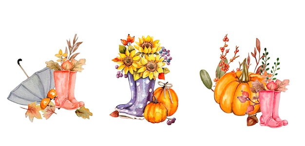 Watercolor hand drawn autumn leaves and pumpkins composition