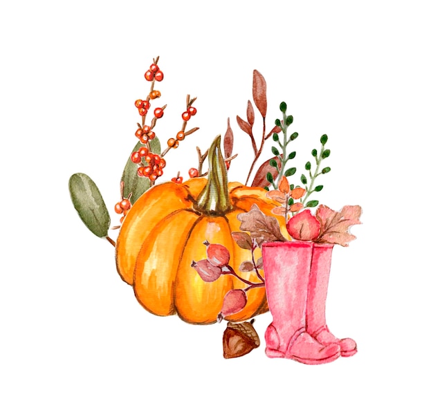 Watercolor hand drawn autumn leaves and pumpkins composition