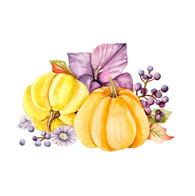 Watercolor hand drawn autumn leaves and pumpkins
