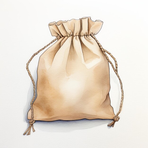 Watercolor Hand Drawn Bag With Rope Detailed Shading And Simplistic Cartoon Style