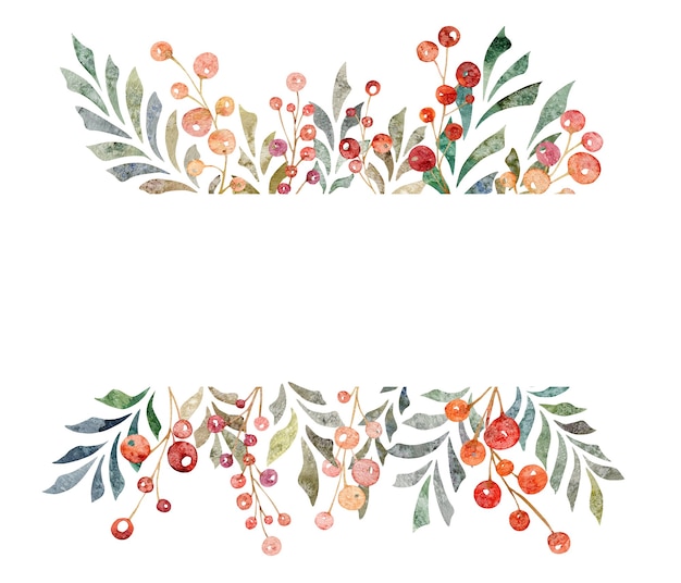 Watercolor hand drawn banner of leaves branches red berries isolated on white background