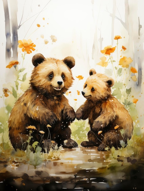 Watercolor hand drawn A bear and a bee having a friendly chat ar 34 stylize 750 v 52 Job ID 56d55b06a8ba4d7995fc3c1dbebcedbd