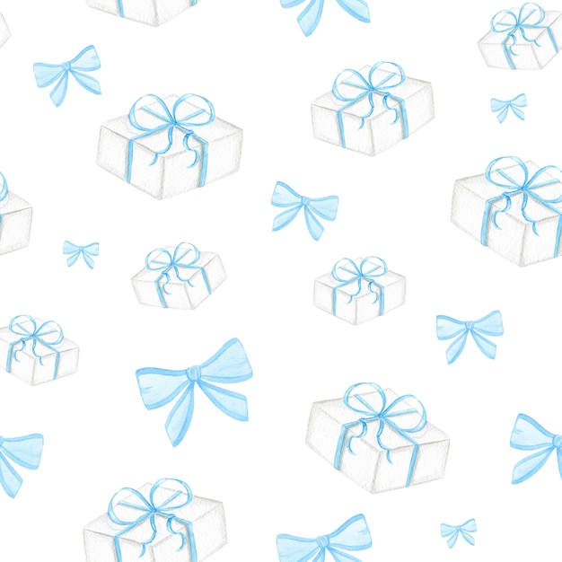 watercolor hand drawn blue gift box and bow seamless pattern on white background