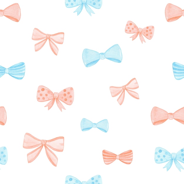 Photo watercolor hand drawn blue and orange bows seamless pattern