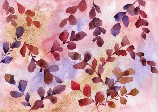 Watercolor hand drawn botanical illustration. Red, purple, vinous and golden leaves background.