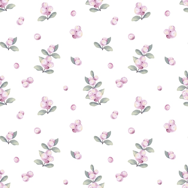 Watercolor hand drawn botanical seamless pattern with pink snowberry branches berries leaves