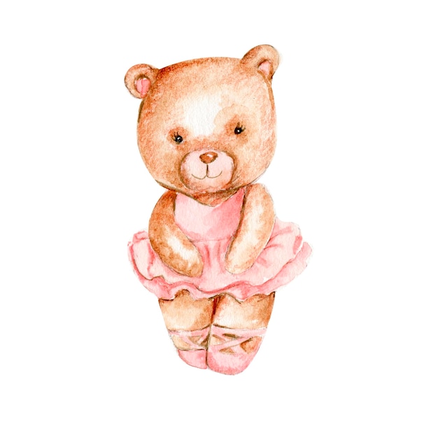 Watercolor hand drawn of brown bear ballerina in pink dress