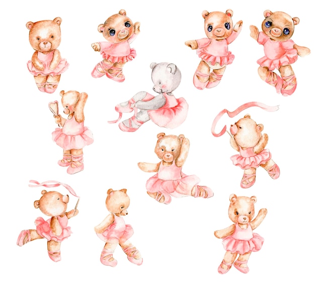 Watercolor hand drawn of brown bear ballerina in pink dress