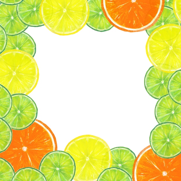 Watercolor hand drawn citrus fruits slices frame, orange, lime, lemon