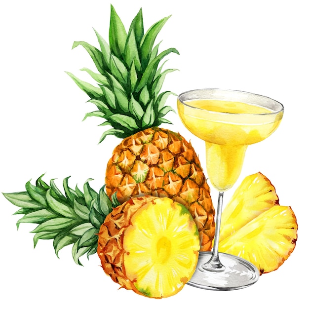 Акварельная рисованная композиция с ананасом с половинками и ломтиками спелого ананаса, коктейльный бокал
