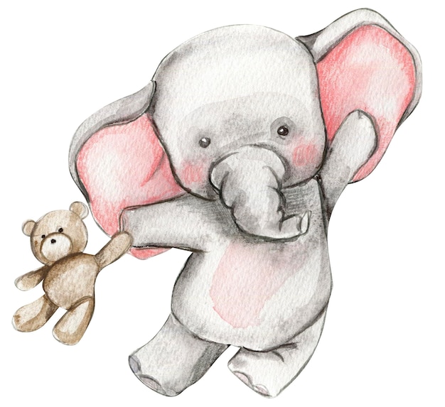 watercolor hand drawn cute small baby elephant