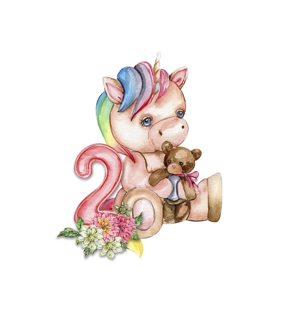 Watercolor hand drawn cute small baby unicorn with dahlia flowers with number composition