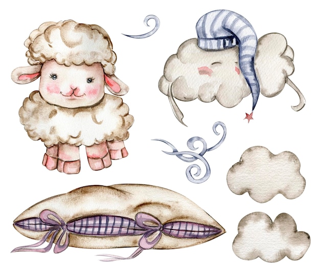 Watercolor hand drawn cute white fluffy sheep clouds and soft pillows