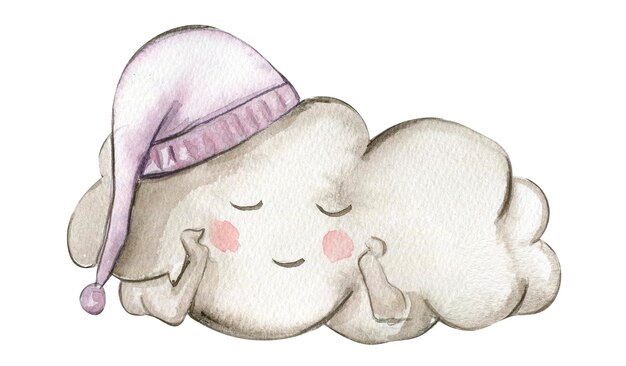 Watercolor hand drawn cute white sleeping clouds in cartoon style