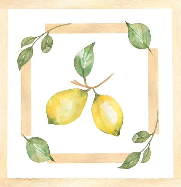 Watercolor hand drawn Design for ceramic tiles, majolica, watercolor ornament with lemon citrus fruit and leaves.