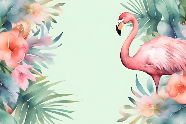 Watercolor hand drawn flamingo on a tropical background with tropical leaves