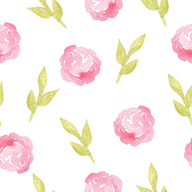 watercolor hand drawn floral seamless pattern with pink flowers and leaves on white background