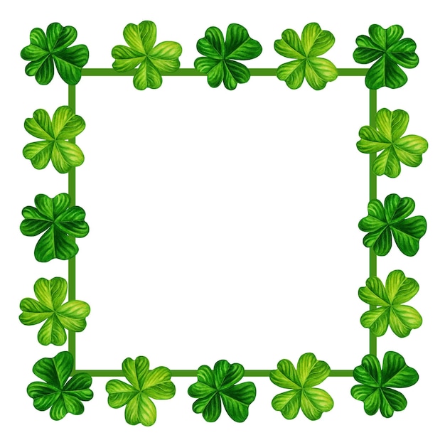 Watercolor hand drawn four leaf clover square frame for St. Patrick's Day for good luck.