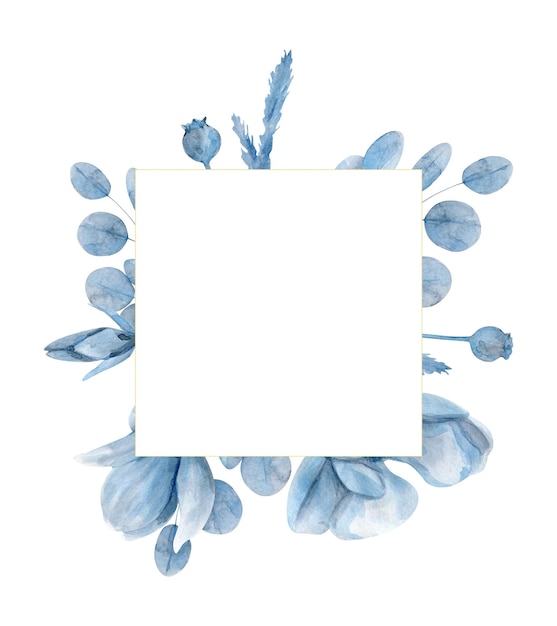 Watercolor hand drawn frame with blue magnolia flowers