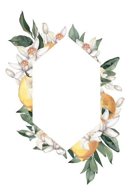 Акварельная рамка с лимонами, цитрусовыми цветами и ветвями Идеально подходит для приглашения и социальных сетей