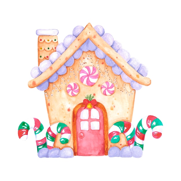 Watercolor hand drawn gingerbread house with candy canes Christmass illustration isolated on white background Can be used for post cards label banner scrapbook