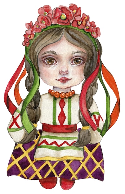 Photo watercolor hand drawn girl gnome in national ukrainian costume