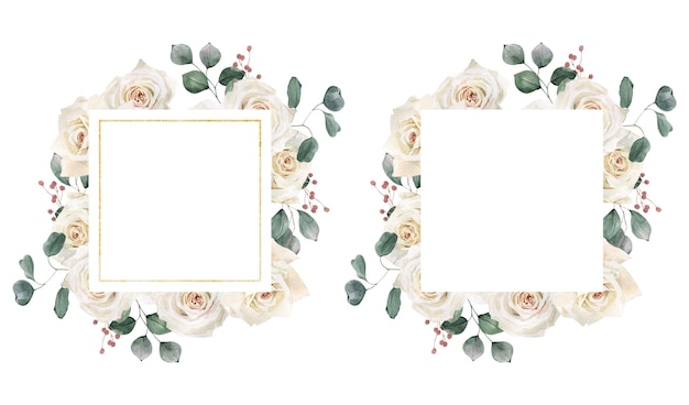 Foto cornice dorata disegnata a mano ad acquerello con bouquet di fiori boho rose orchidee anthurium eucalyptus perfetta per invito e social media