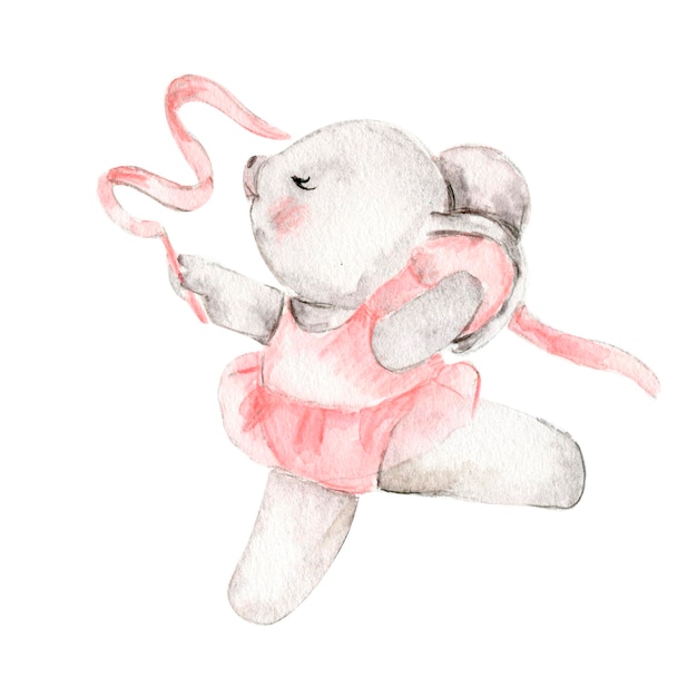 Watercolor hand drawn of gray mouse ballerina in pink dress