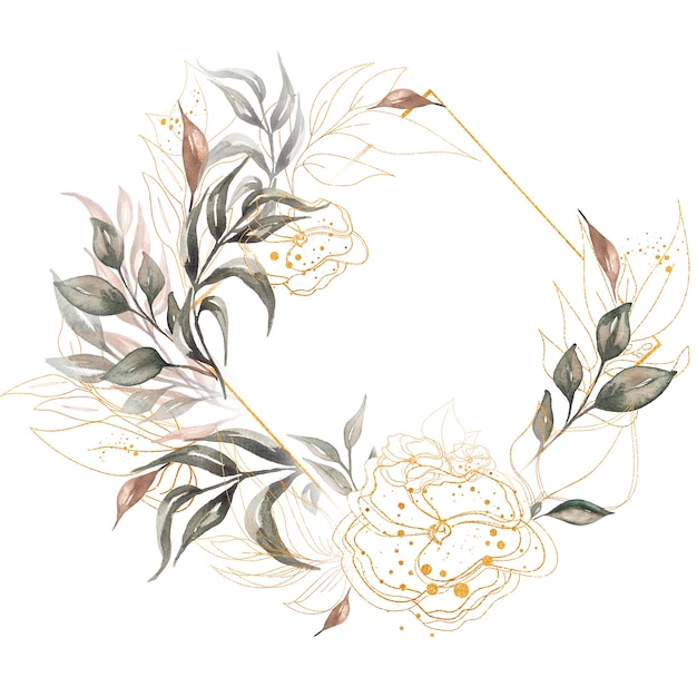 Watercolor hand drawn greenery, golden leaves and flowers frame illustration