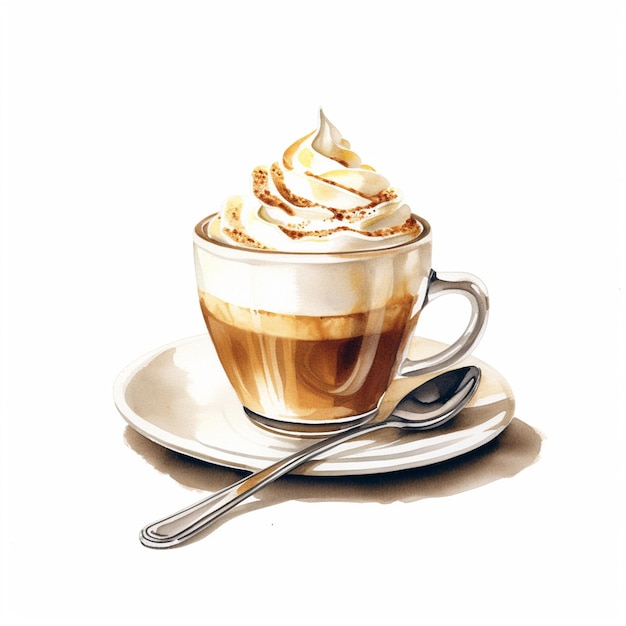 白い背景のカプチーノの上に熱いコーヒーと氷のラテ・エクスプレッソ・クリームを手で描いた水彩画