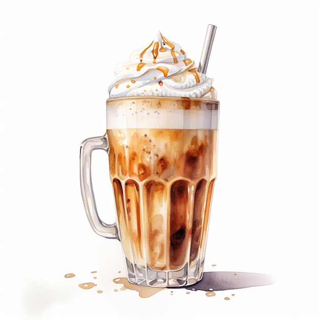 白い背景のカプチーノの上に熱いコーヒーと氷のラテ・エクスプレッソ・クリームを手で描いた水彩画